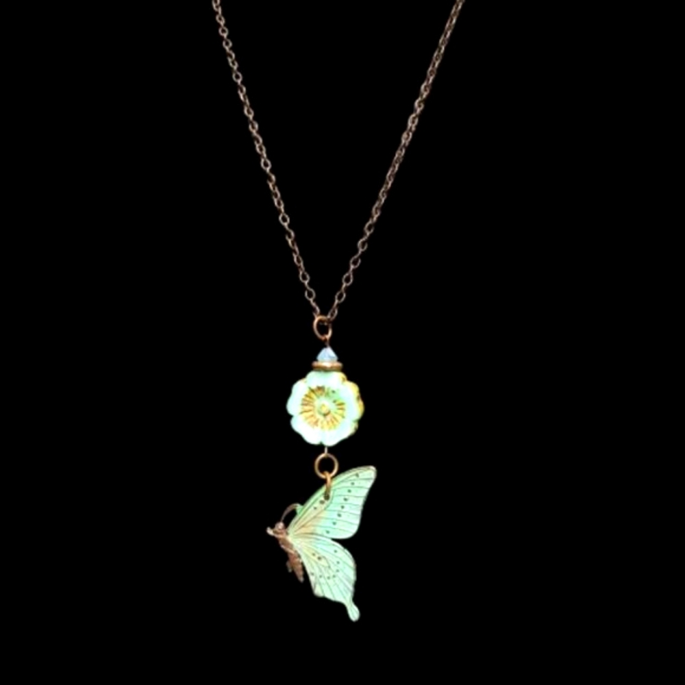 Turquoise Blue Butterfly and Flower Antique Bronze Chain - Handmade- NWT